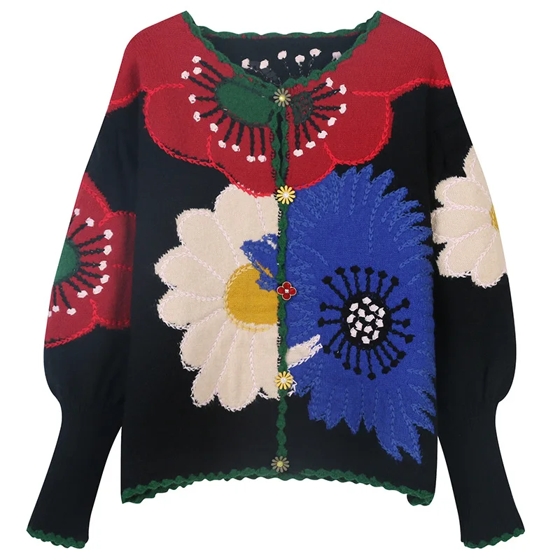 

TEELYNN Boho Floral Embroidery Jumper Lantern Long Sleeve Sweater Cardigan Women Vintage 2022 Fall Winter Warm Casual Knit Coat