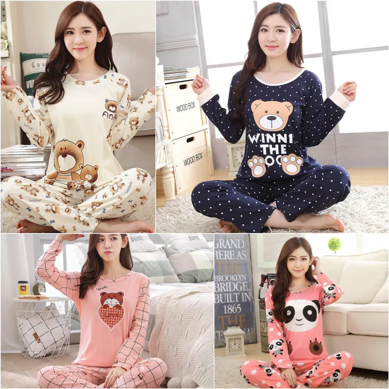 Women Pajamas Long-Sleeved Two-Piece Homewear Cute Cartoon Bear