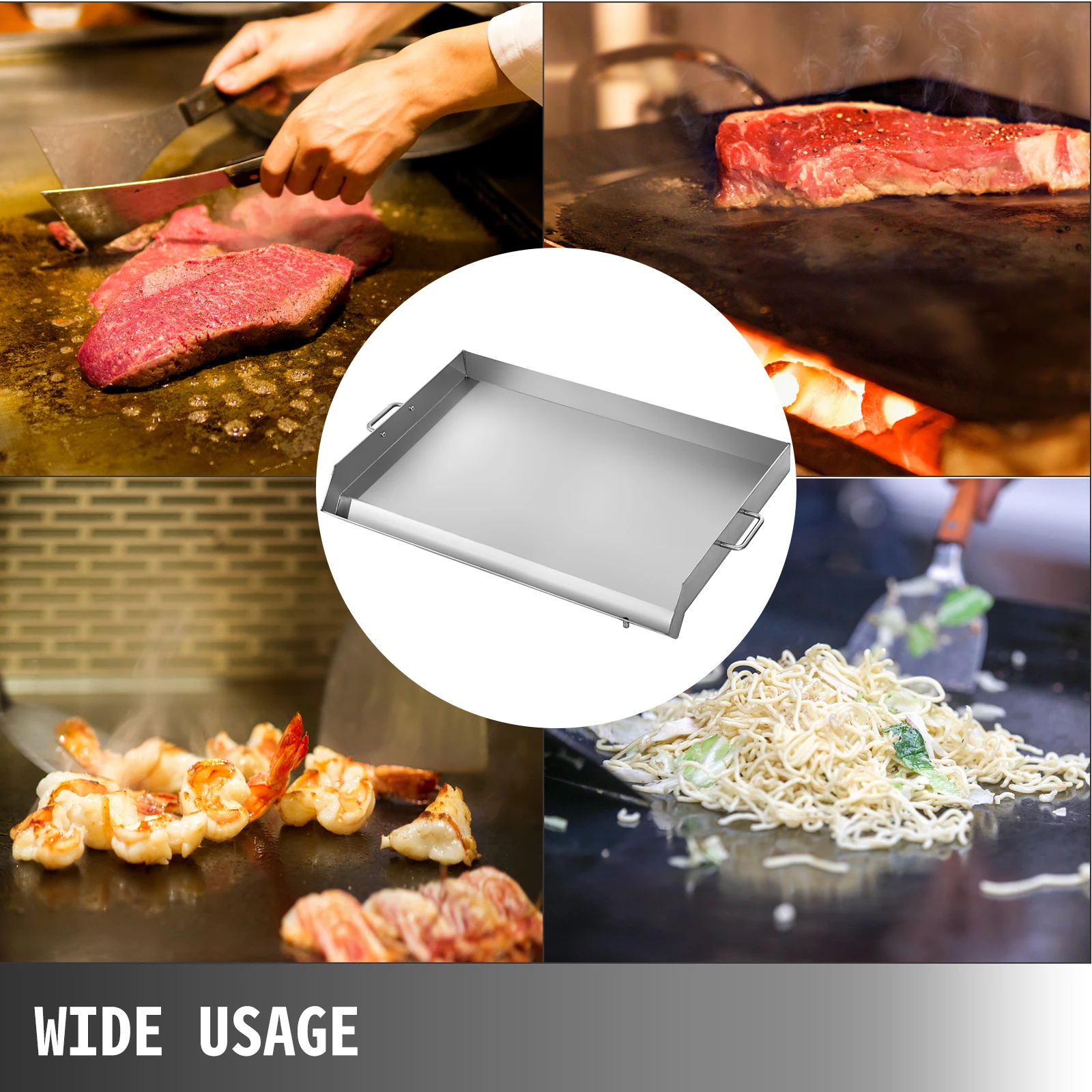 VEVOR Stainless Steel Griddle Flat Top Grill Frying Pan Handles Outdoor Camping BBQ Grilling Cooking Pancakes Bacon Egg
