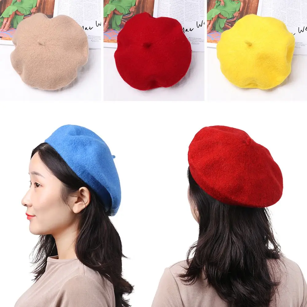 Fashion Wool Beret Cap Women Girls Solid Color Autumn Beret Hat French Winter Warm Flat Cap Hat Felt Berets Beanie Nice Gift