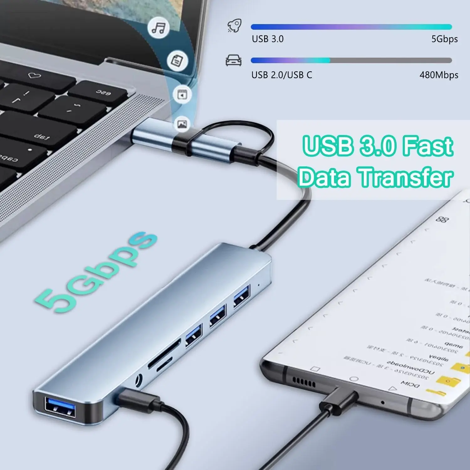 8-in-1 USB-C Hub with HDMI, SD/TF Card Reader, Audio Jack, and USB 3.0 Ports