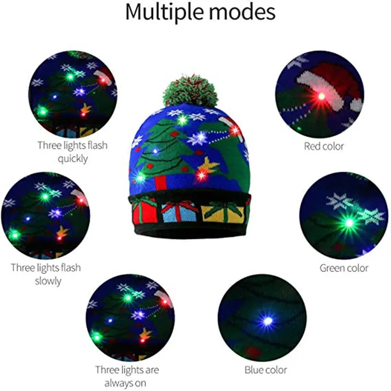 Adults Children Christmas Hat Glowing LED Christmas Knitted Hat Santa Claus Tree Elk Gift