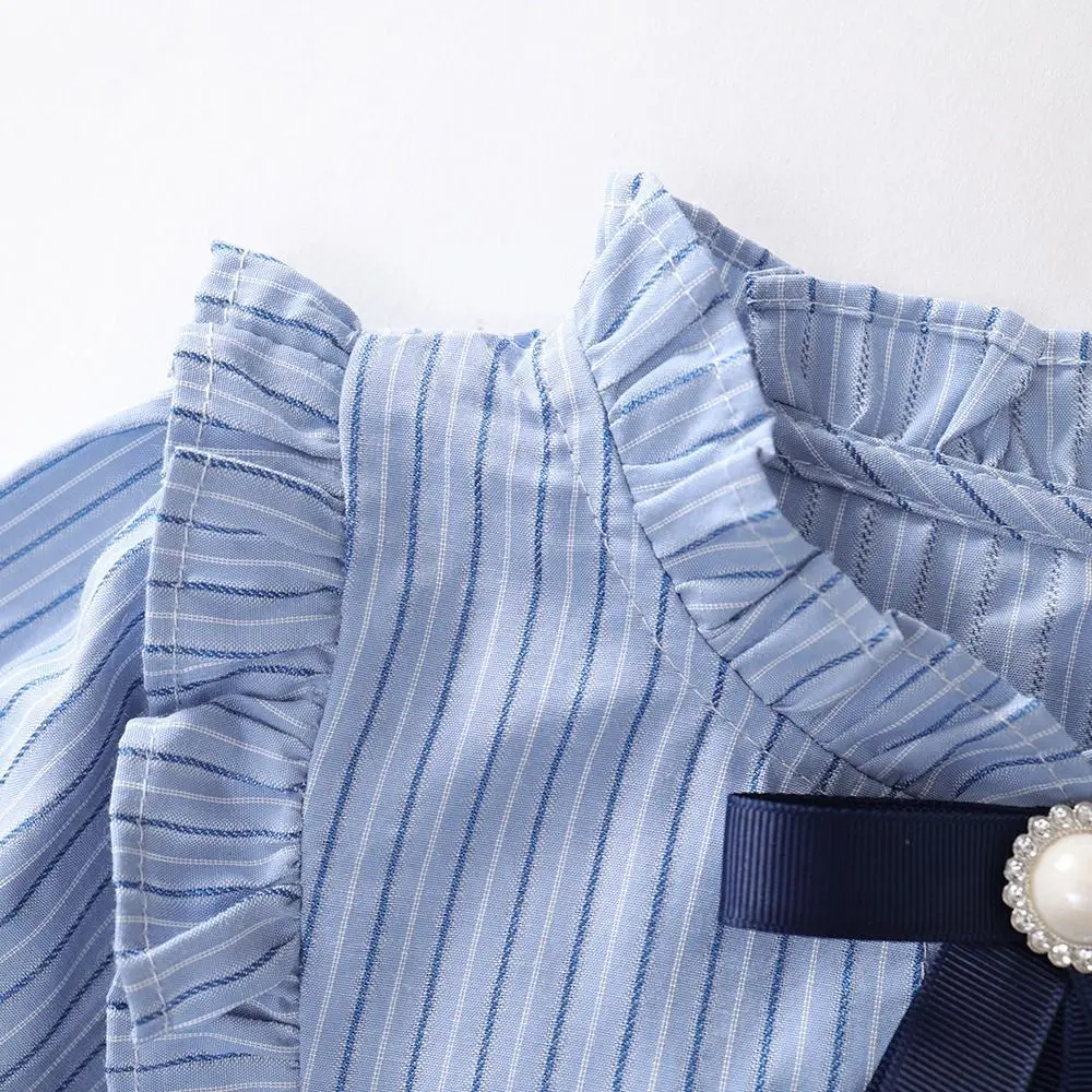 Sweet Bowknot Girls' College Style Dress Pleated Loose Girls Long Dress Peter Pan Collar Sweet Stripe Princes Dress Spring/Fall