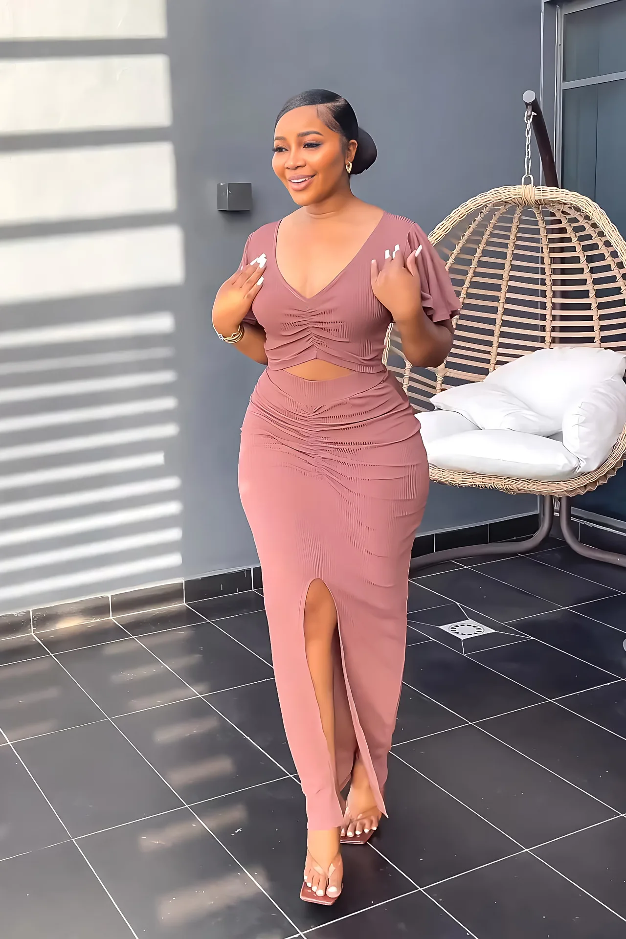 

Summer Fashion Women's Solid Color Sexy Lotus Leaf Sleeve Open Navel V-Neck Top Split Wrap Hip Long Dress Two Piece Set