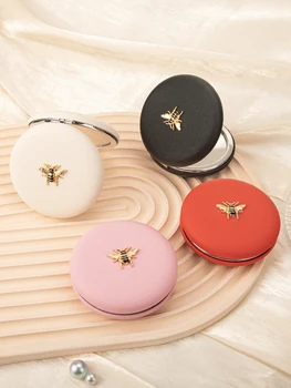 Miroir de maquillage en cuir double face avec équation dorée, rond, noir, rose, rose, rouge, 1 pièce Cadeau parfait pour les femmes, toutes les occasions 1