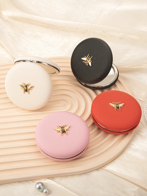 Miroir de maquillage en cuir double face avec équation dorée, rond, noir, rose, rose, rouge, 1 pièce Cadeau parfait pour les femmes, toutes les occasions 1