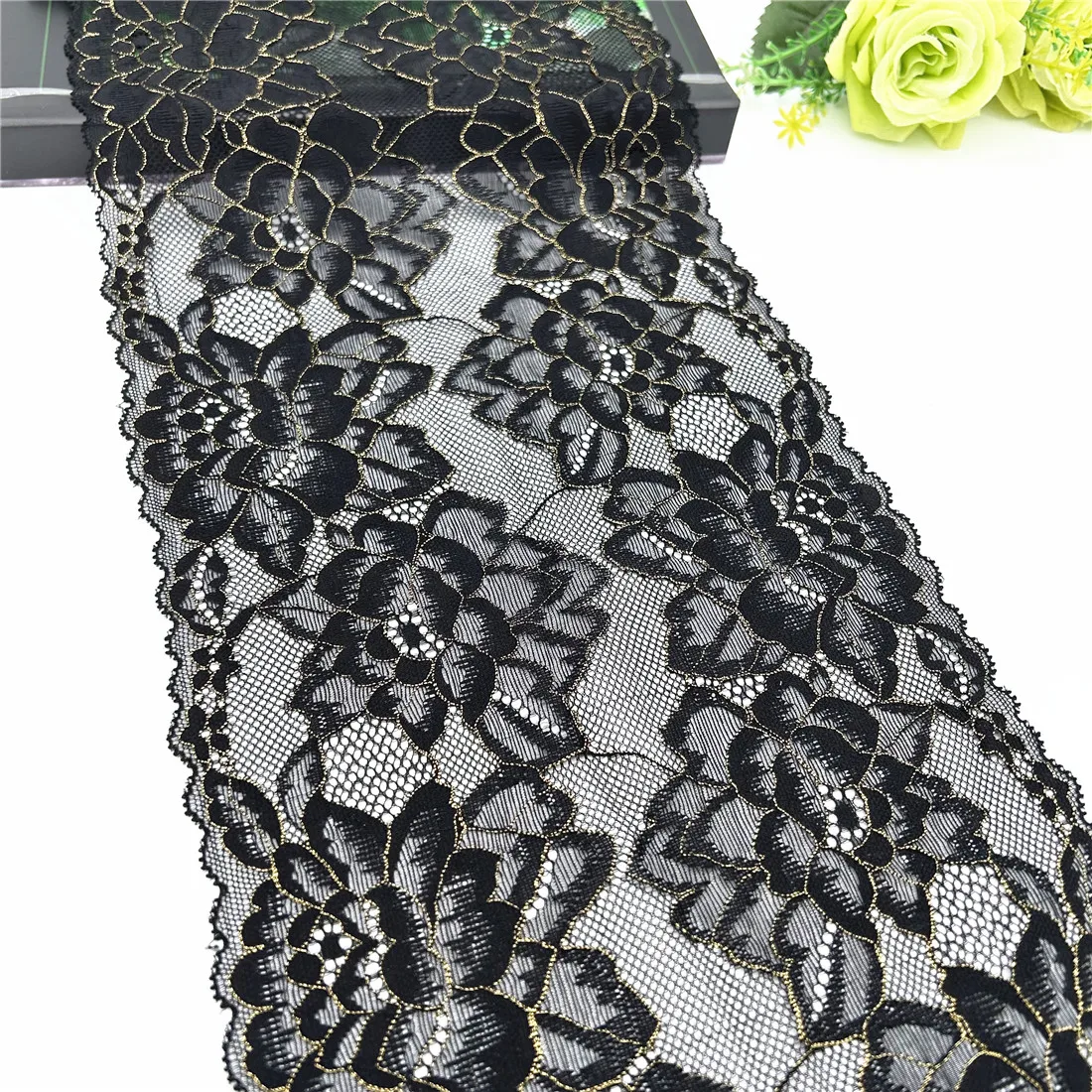 3y/lot Width 21cm Black Gold Elastic Lace Trim 1