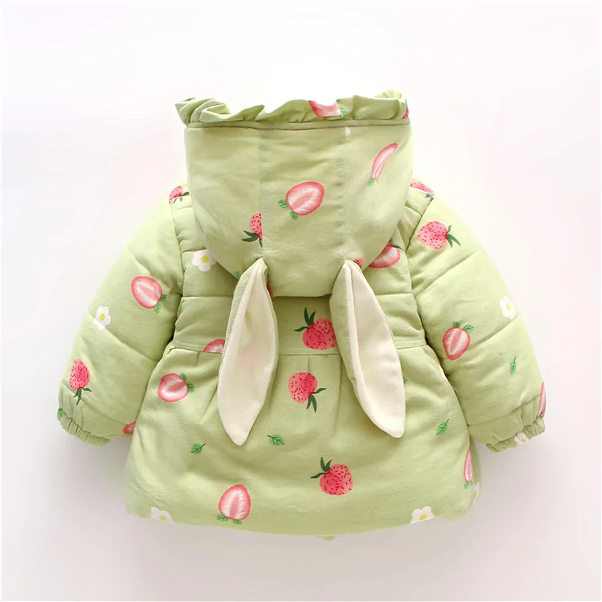Autumn and Winter New Girls' Coat Bubble Sleeve Cotton-padded Jacket Cute Cartoon Pattern Bunny Ears Furry Pocket