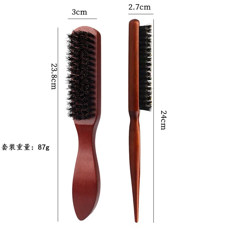 나무 손잡이가있는 2pcs 프리미엄 강모 헤어 브러시 매끄러운 뒤 헤어 브러시 가장자리 브러시 세트 멧돼지 강모 놀리는 브러시 쥐 꼬리 빗