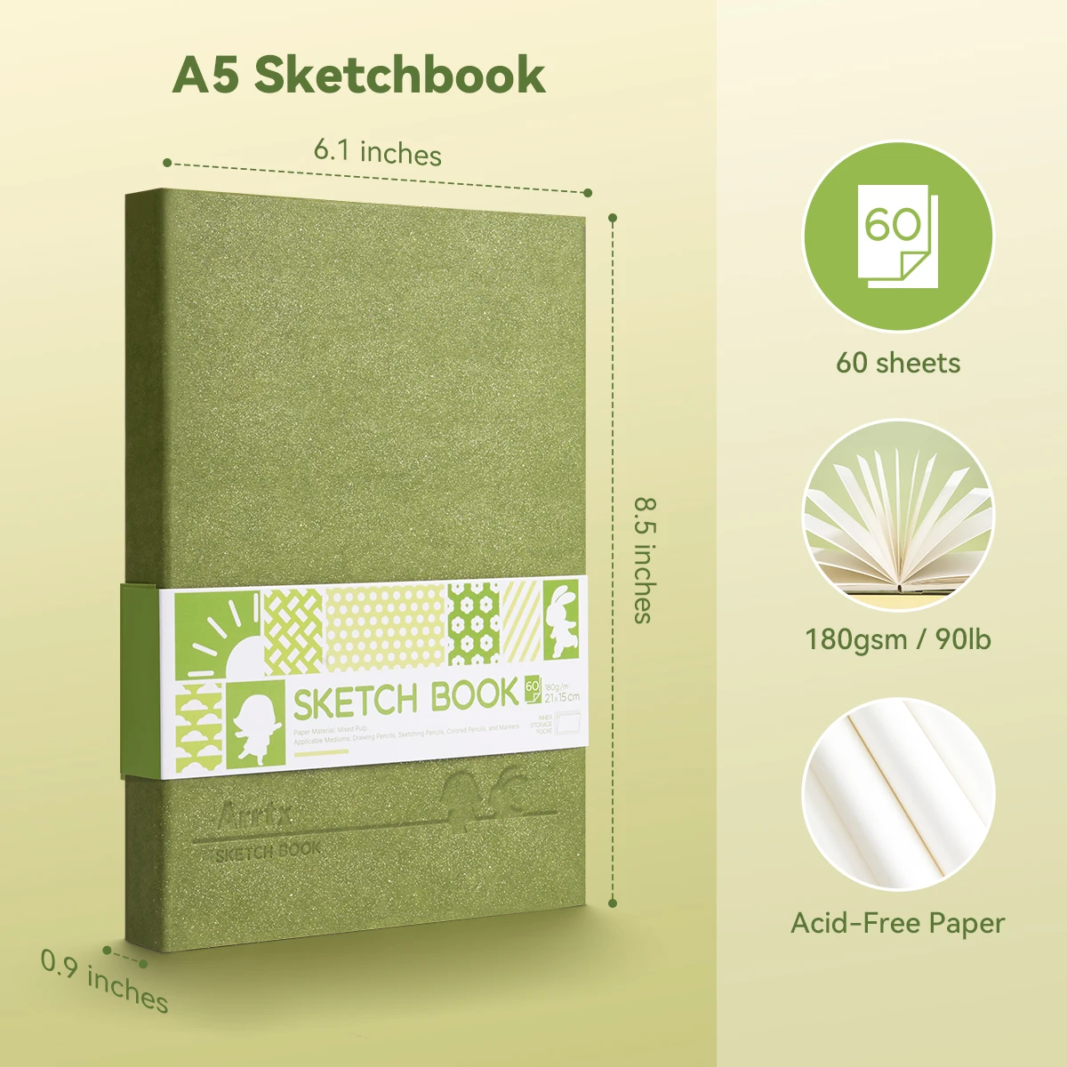 Arrtx Artist Hardcover Sketchbook 60 Sheets 180g Thick Acid-Free Drawing Paper Hardbound Sketch Pad for Ink Pencil Graphite Drawing Sketchbook