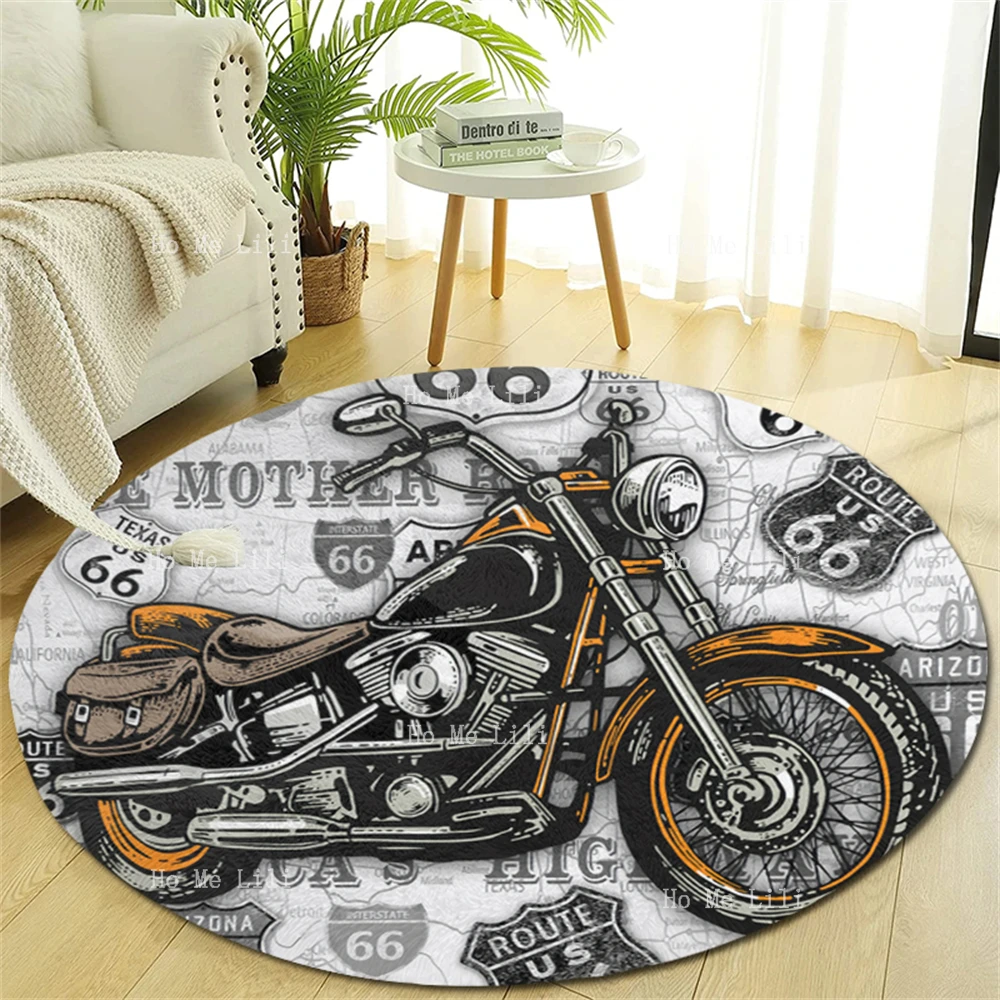 Motor On Route 66 Vintage Moto Logo Devil Skull Alato Biker Sfondi Tappeto Rotondo