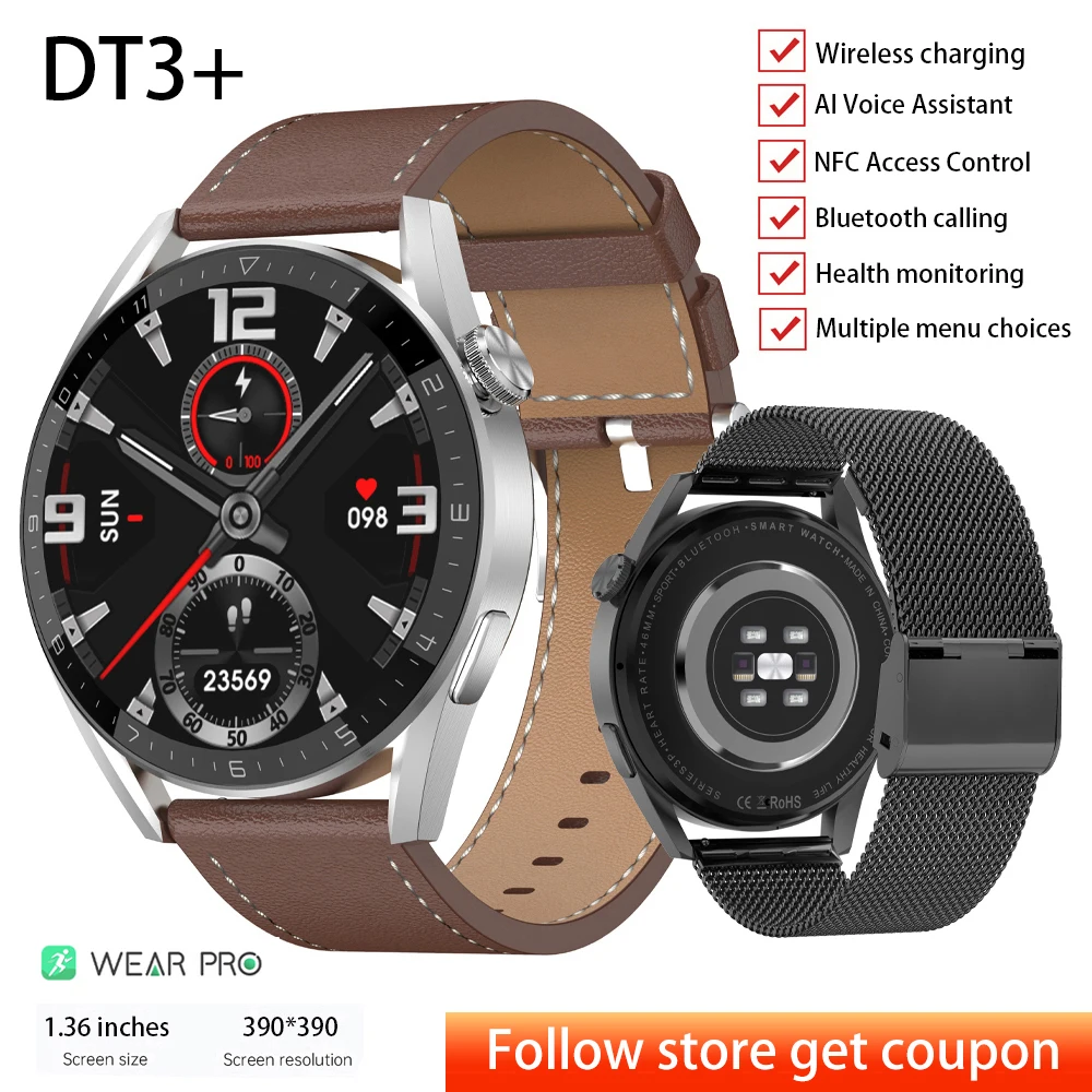 Dt3 Plus Smart Watch Men Women 1.36 Inch Screen Nfc Smartwatch Men