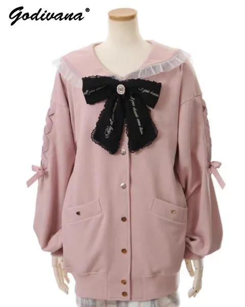 Japanese Series Mass-Produced Embroidery Big Bow Sweet Sailor Collar Long Hoodie Coat Pink Black Women's Cardigan Jacket Outwear