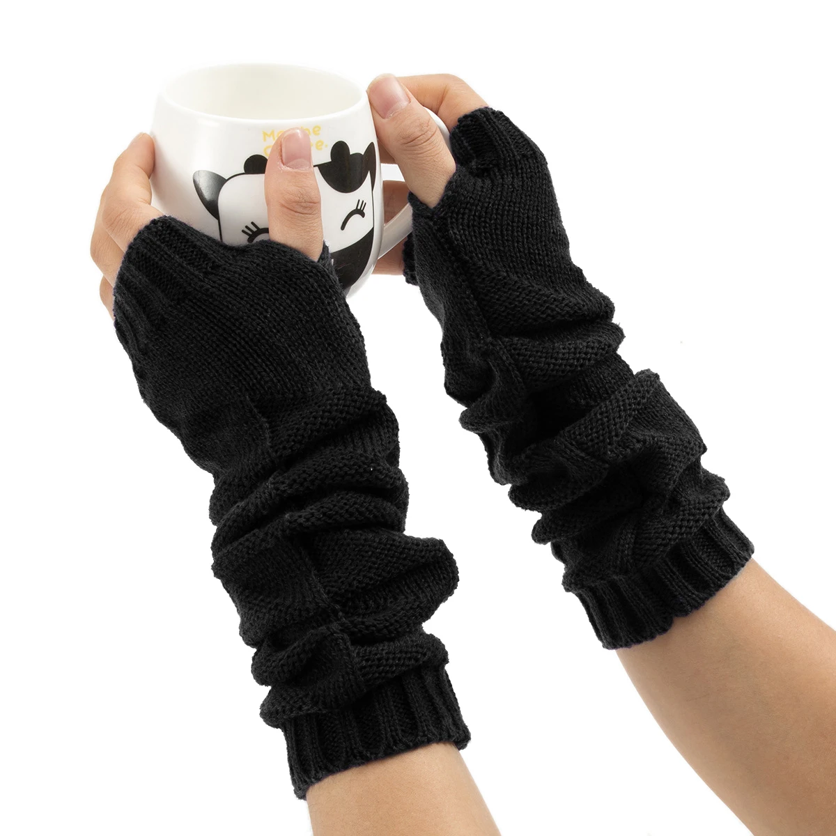 Women Knitted Half-fingered Gloves Unisex Ladies Weave Flower Design Warm Fingerless Mid-length Arm Sleeve Mittens