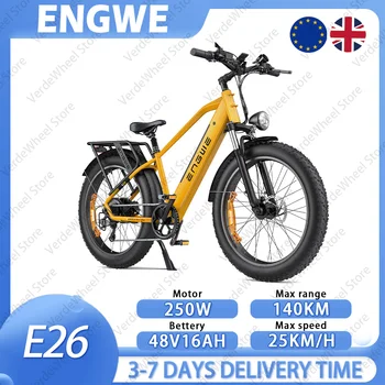 E-Bike ENGWE E26 48V 16Ah, motore 250W, portata 140 km e 25 km/h, pneumatici grassi 26", Shimano 7 velocità, freni idraulici