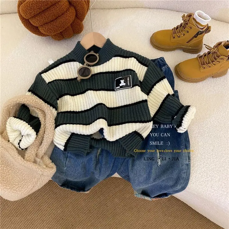 

Вязаный шерстяной свитер для мальчиков из хлопка 2022 элегантная теплая плотная бархатная зимняя Осенняя повседневная детская одежда