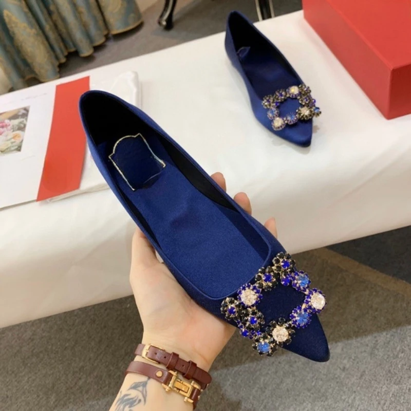 

2023 New Style Wedding Shoes Satin High Heel Satin Rhinestone Square Buckle Flat Bottom Bridesmaid Shoes Women