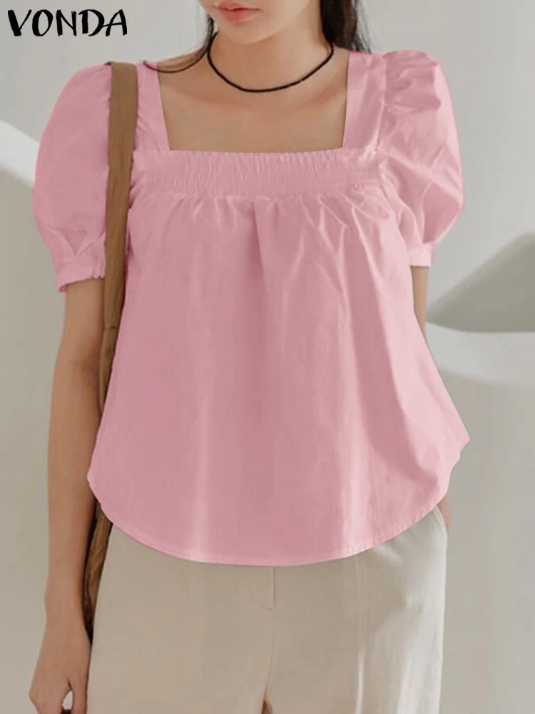

Элегантные женские летние рубашки VONDA 2024, модная блузка, однотонные повседневные топы с квадратным воротником и коротким пышным рукавом, женские блузы