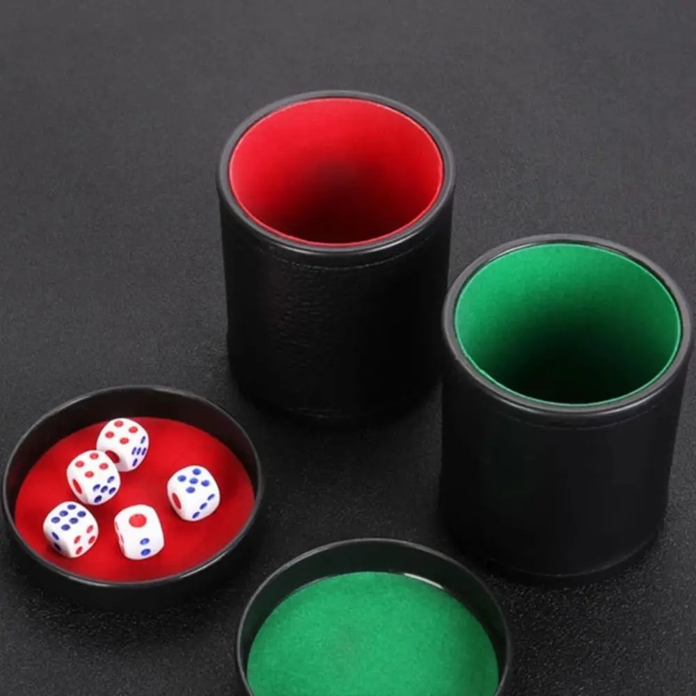 Leather Dice Cup with Lid Green Red Lining Interior Quiet in Shaking for Liars Dice Farkle Yahtzee Board Games with 5 pcs Dice