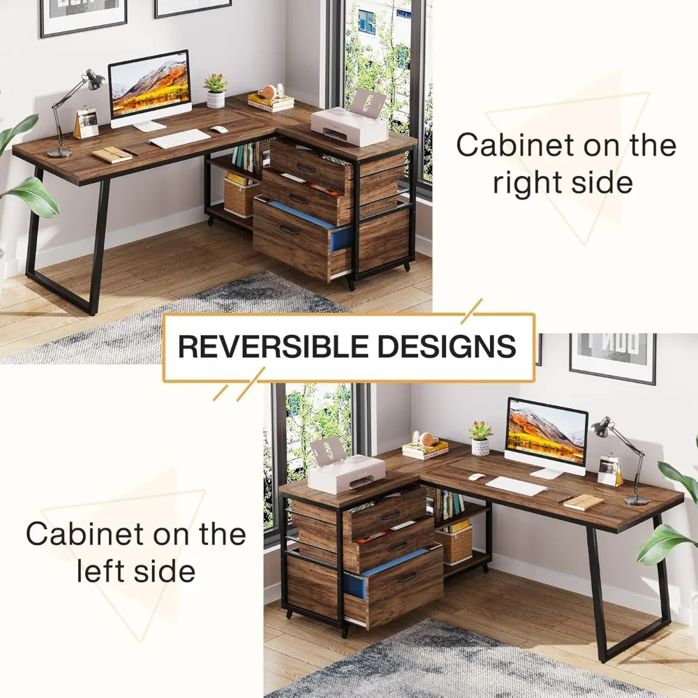 L-Shaped Computer Desk with 3 Drawers, Reversible Corner Home Office Desk with Shelves 5
