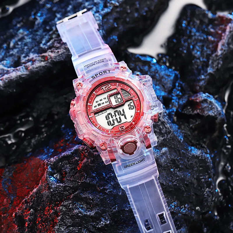 Large dial transparent electronic watch, multifunctional children's sports electronic watch