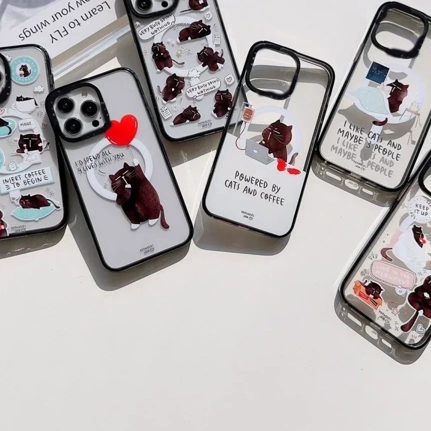 MagSafe Acrylic Black Cat Phone Case Cover for IPhone 11 12 13 14 15 Pro Max Case for IPhone 15 Pro Max