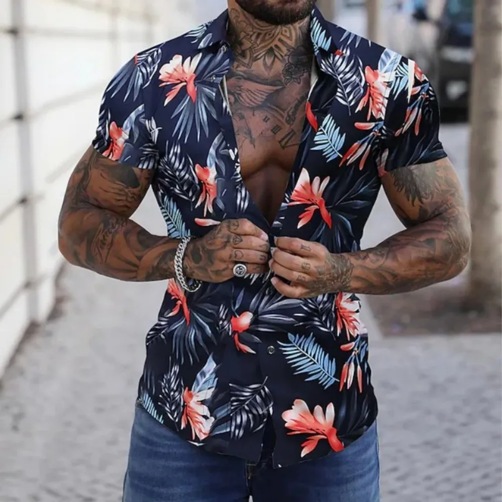 

2022 Hawaiian Men's Shirts Summer Short Sleeve Floral Graphic Beach Tops V-Neck Slim Fit Tee 5xl Button-Up Oversized Loose Shirt