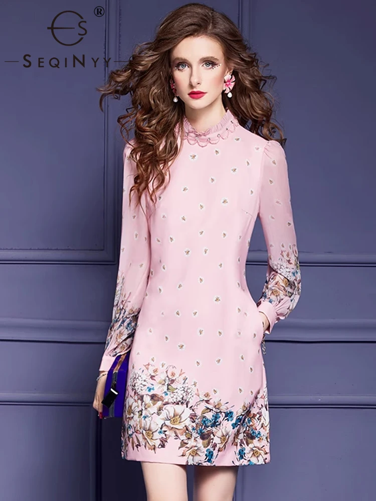 

SEQINYY Office Lady Mini Dress Summer Spring New Fashion Design Women Runway Beading Vintage Flower Print Loose High Street