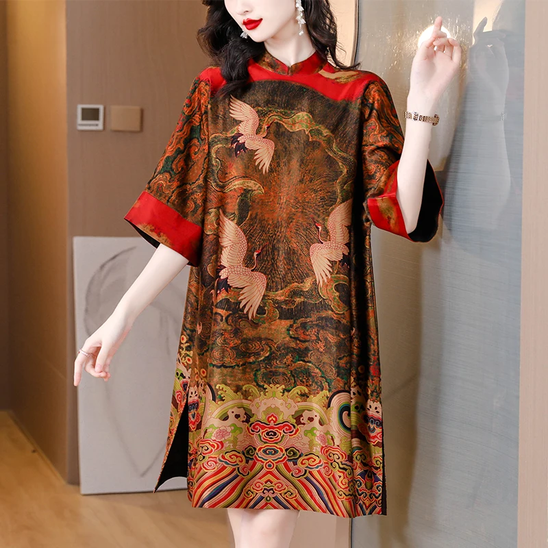 

ZUO MAN RU 2023 New Silk Retro Printed Short Sleeve Qipao Dress for Women's Satin Loose Large O-Neck Slim Knee Length Robe