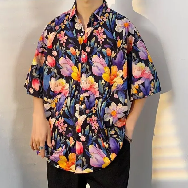 Summer Men Loose Shirt Tulip Floral Printed Blouses For Male Short Sleeve Shirts Top Vacation Clothes Fashion Streetwear