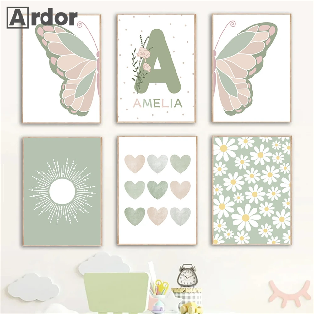 

Custom Name Posters Flower Butterfly Canvas Painting Green Sun Heart Art Prints Nursery Poster Picture Baby Kids Room Decoration