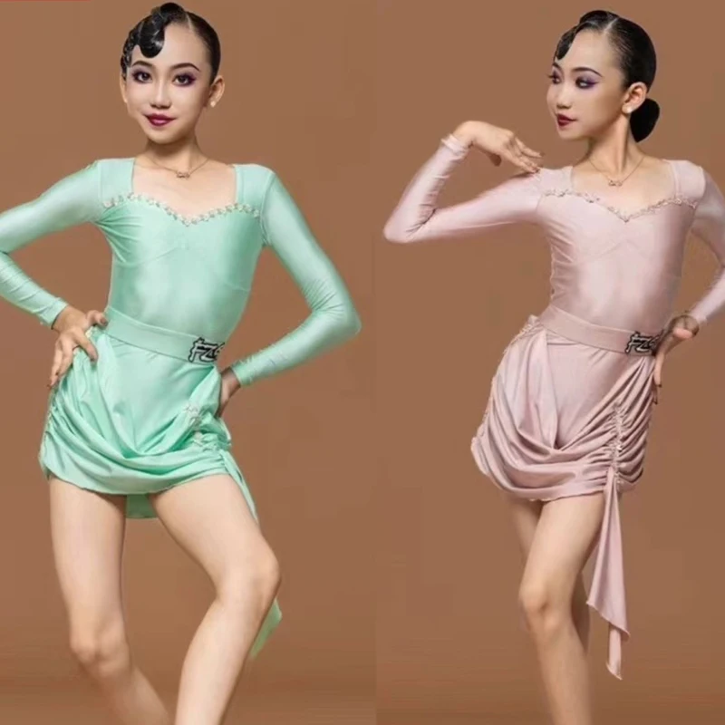 

Girls Latin Dance Competition Dress Long Sleeves Green Pink Suit Cha Cha Rumba Ballroom Dance Dress Kids Practice Wear DNV18995