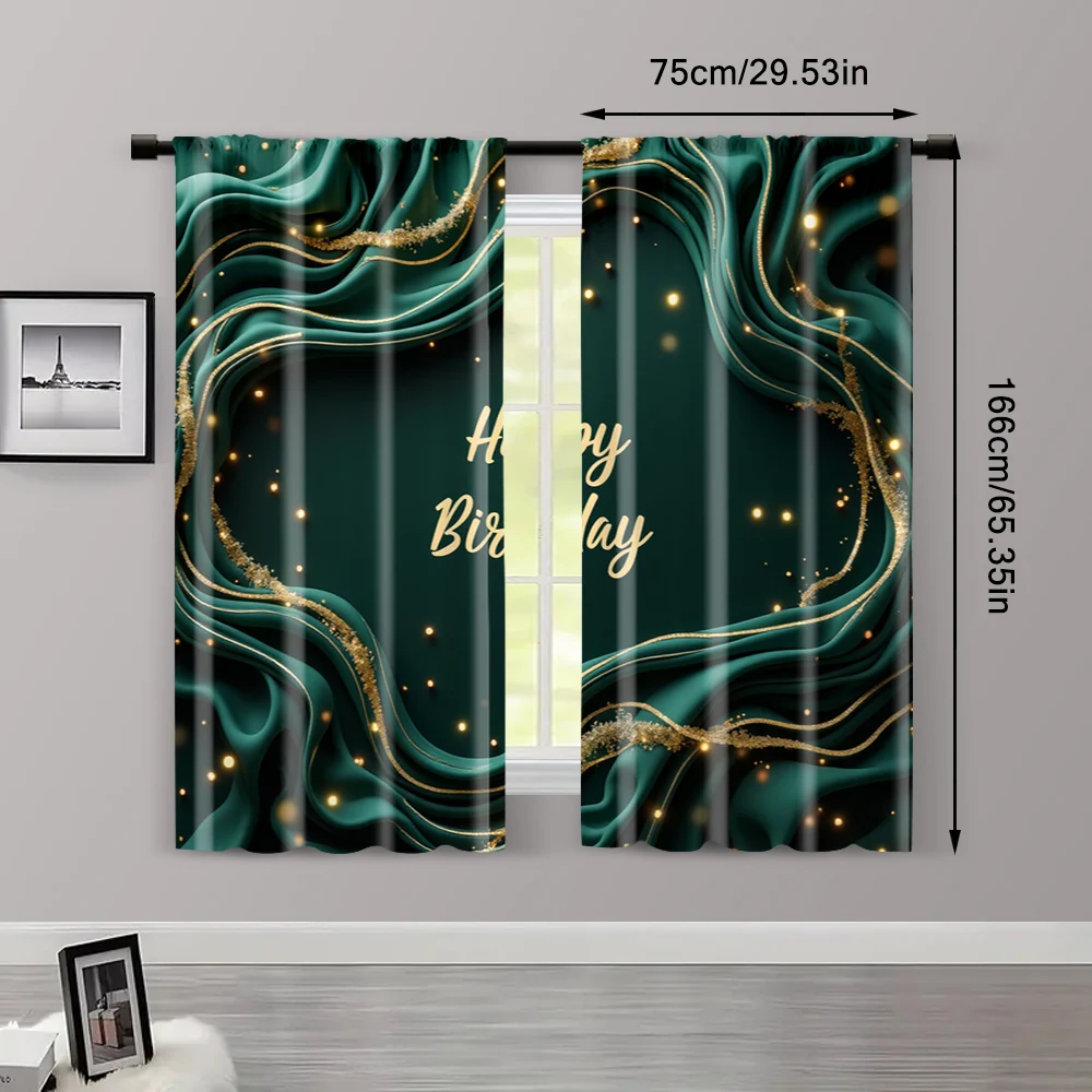 2pcs, Curtain Fabric 2D print Emerald Green & Golden Happy Birthday Machine Washable Fabric (without rod) Room Decor for Bedroom 3