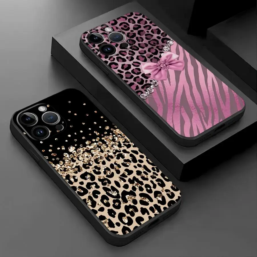 Luxury Pink Bow Leopard Design Phone Case - Stylish Black Soft Cover