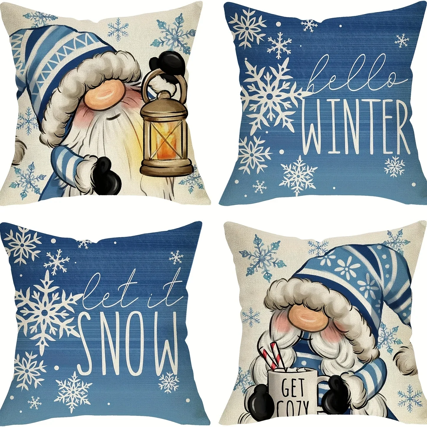 

Hello Winter Blue Dwarf Throw Pillow Cover Let It Snow Snowflakes Hot Cocoa Lamp Porch Home Decoration Sofa Room Cushion Cover
