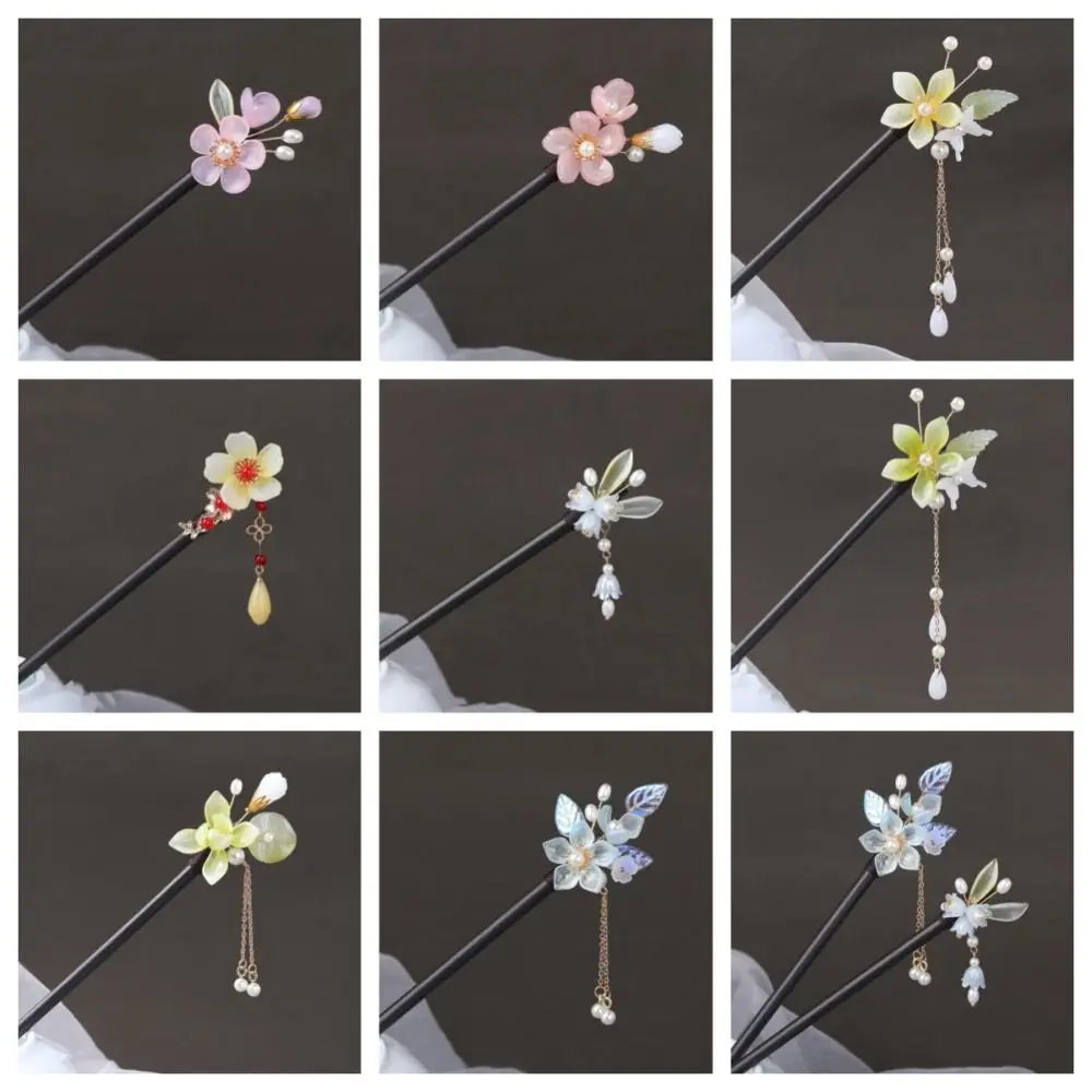 Tassel Flower Hair Stick Exquisite Chinese Style Wood Hanfu Hair Stick Hair Accessories Hair Fork Pearl Hair Stick Ladies