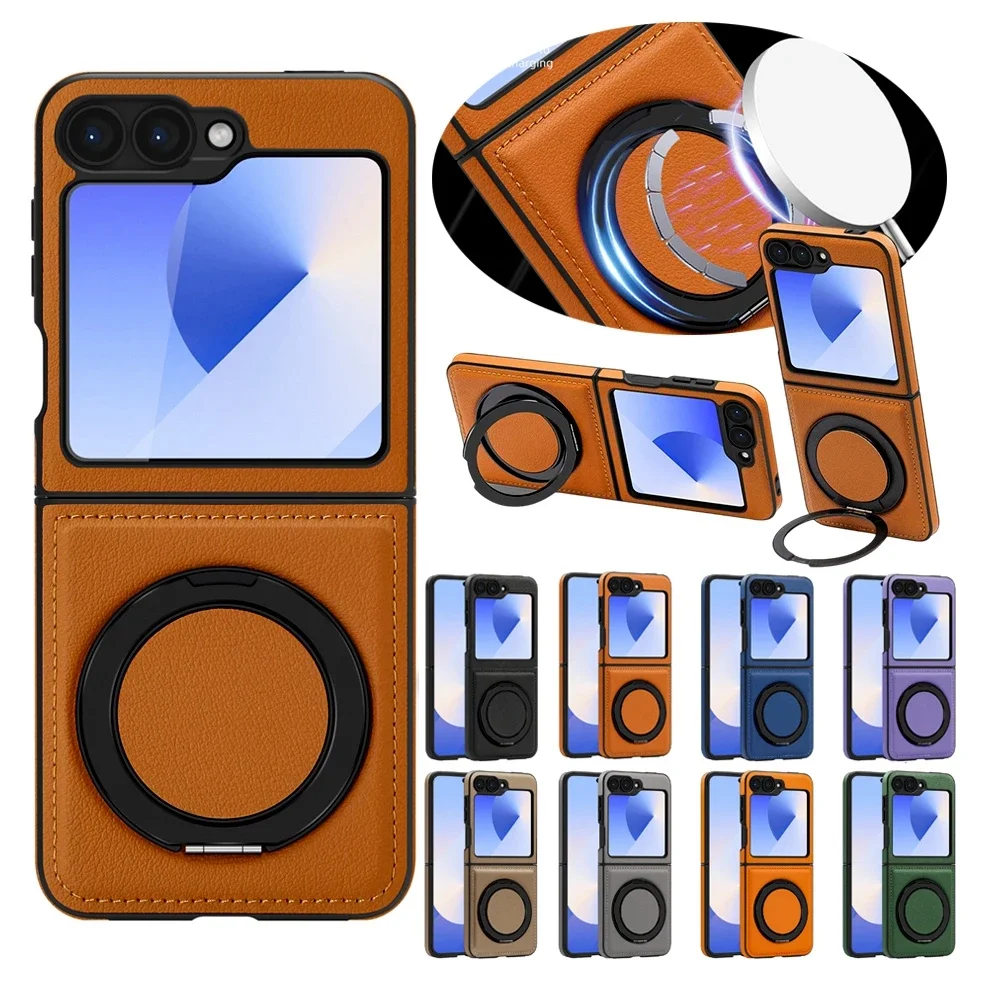 Ring Bracket Leather Flip Case with 360° Protection and Magsafe Compatibility - Shockproof Phone Cover