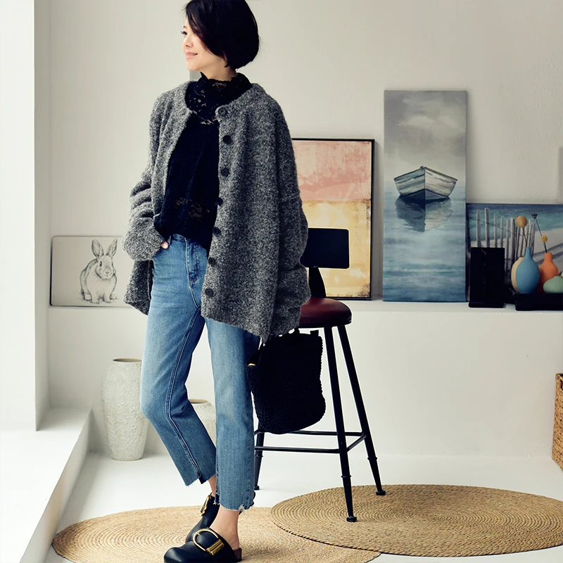 MICOCO W5061C Soft waxy loose round neckline sweater cardigan coat women comfortable all matching temperament simple 4