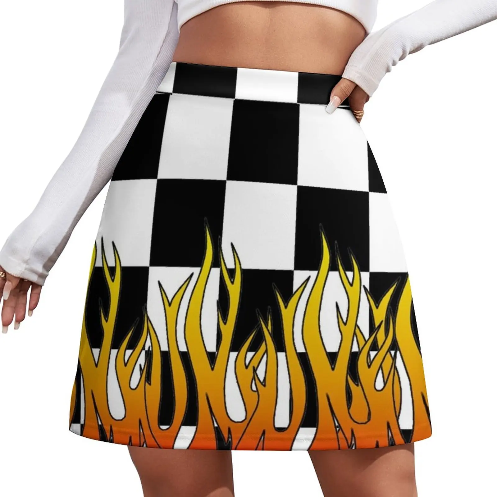 Checkered Racing Flames Mini Skirt Miniskirt School uniform Woman clothing