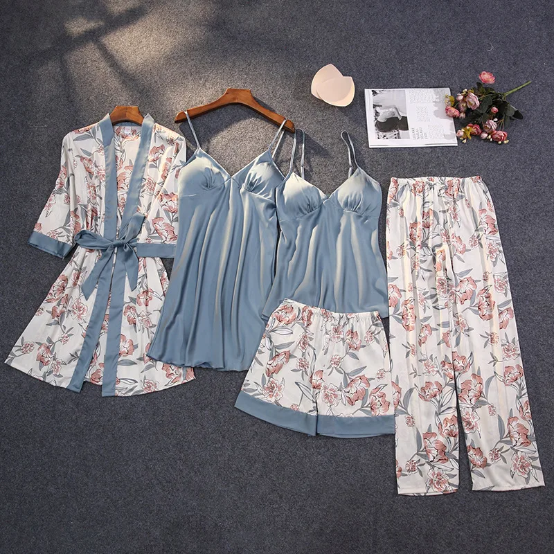 

2024 New Top Women's Pajamas with Chest Pads, Printed Front Silk Thin Five Piece Set Home Clothing, Pajama Set Five Piece Set