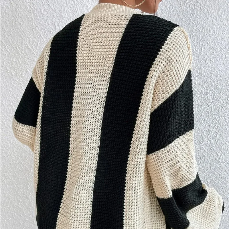 Suéter tipo cárdigan de moda con contraste calado para mujer, prenda de punto holgada de manga larga, ropa de calle de retazos, abrigo para mujer