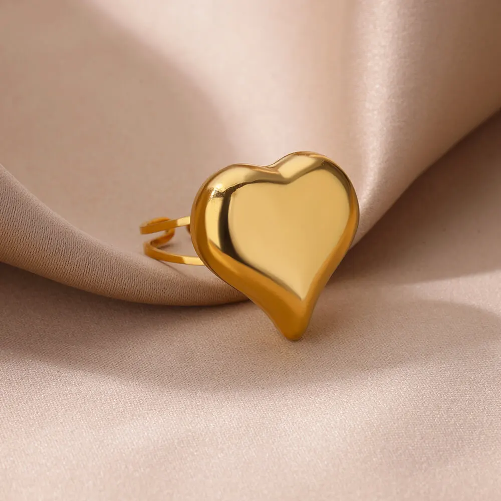 Chunky Heart Stainless Steel Open Rings For Women