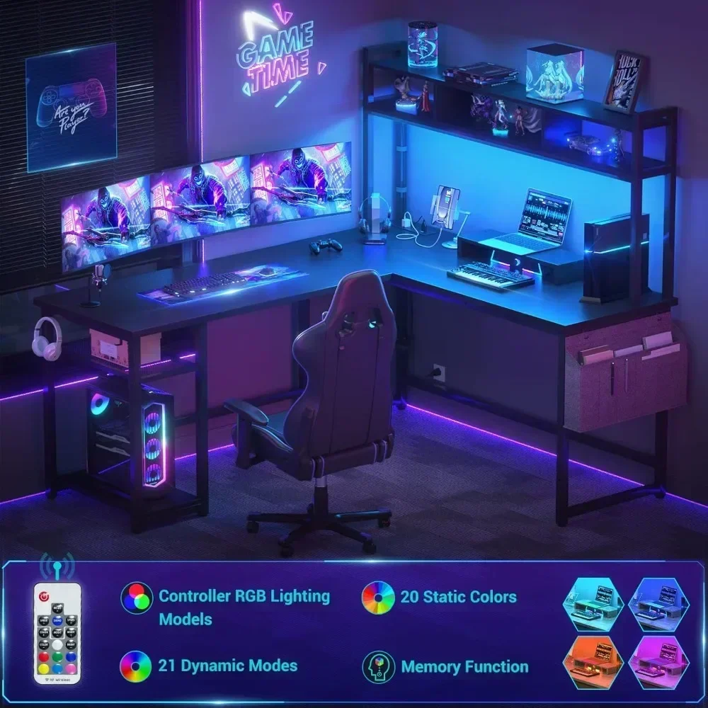 "versatile l-shaped desk with integrated power outlet and led lighting, reversible corner desk for gaming with storage and monit
