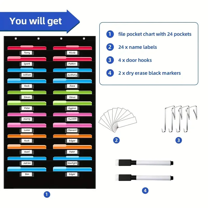 File Storage Pocket Chart Wall File Organizer with Nametag Pockets for Classroom and Office