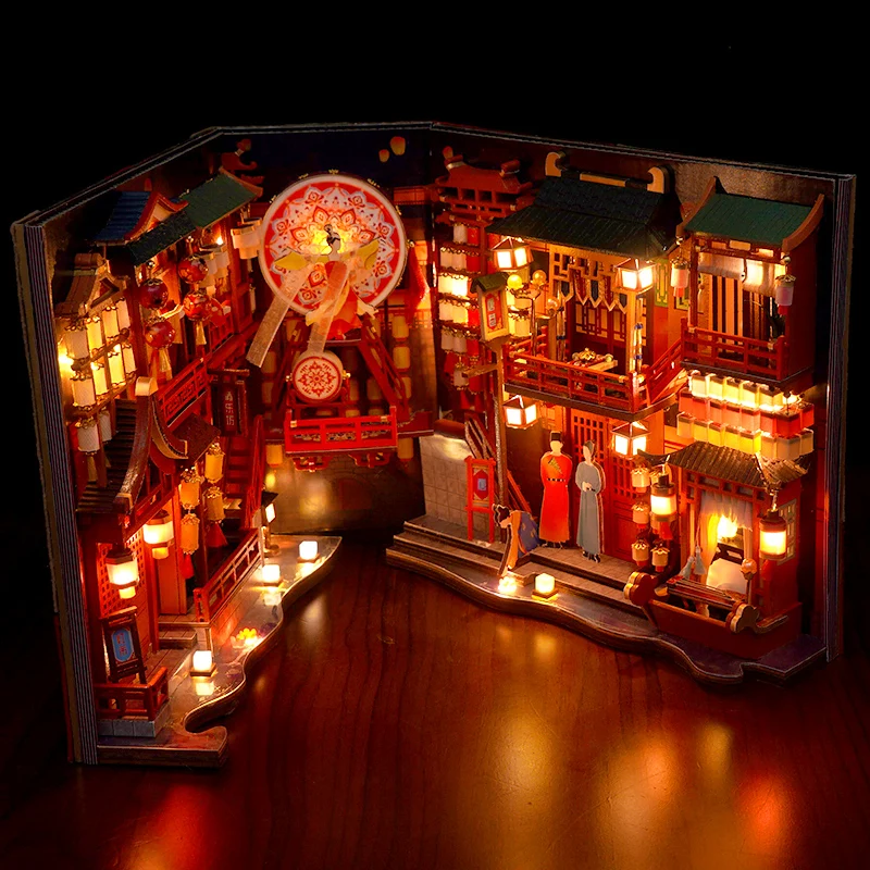 DIY Book Nook Wooden Miniature Model Kit Tang Dynasty Street View Bookend Assembled 3D Puzzle Bookshelf Home Decor Adults Gifts 4