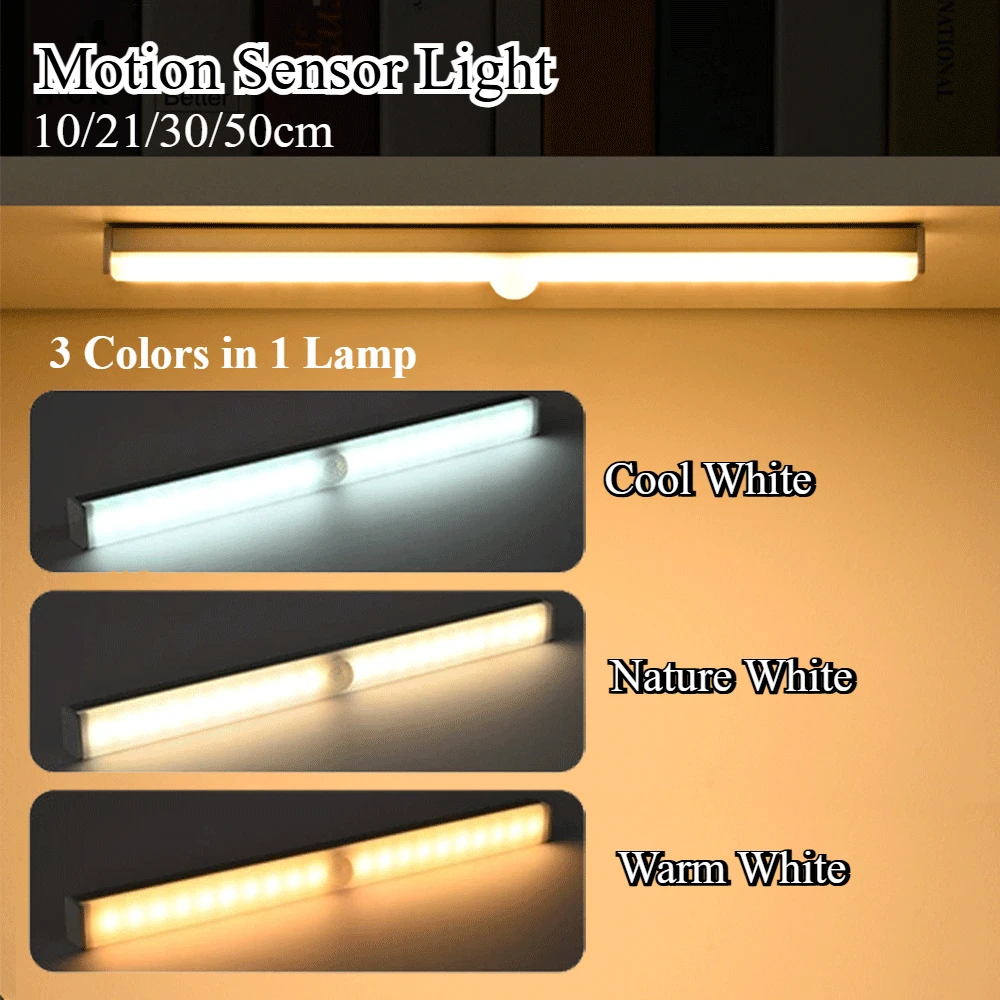 USB Type C Rechargeable Motion Sensor LED Bar Light Induction Night Light Portable for Kitchen Bedside Wardrobe Closet Aisle