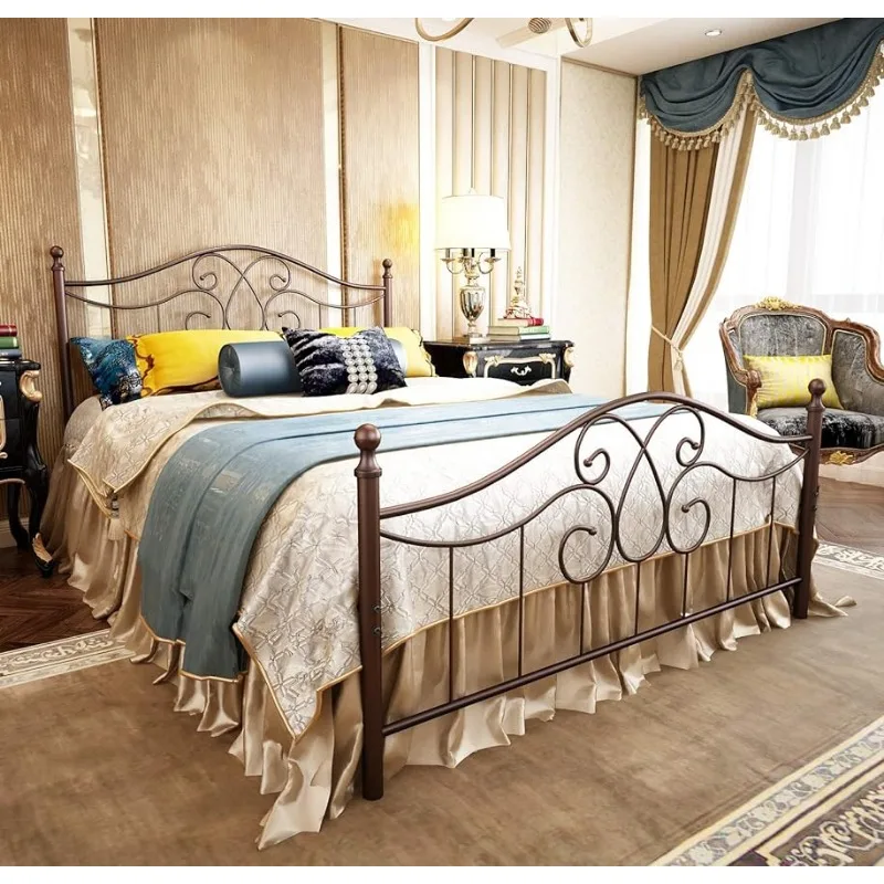 

Metal Bed Frame Queen Size with Vintage Headboard and Footboard Platform Base Wrought Iron Bed Frame (Queen,Antique Brown)