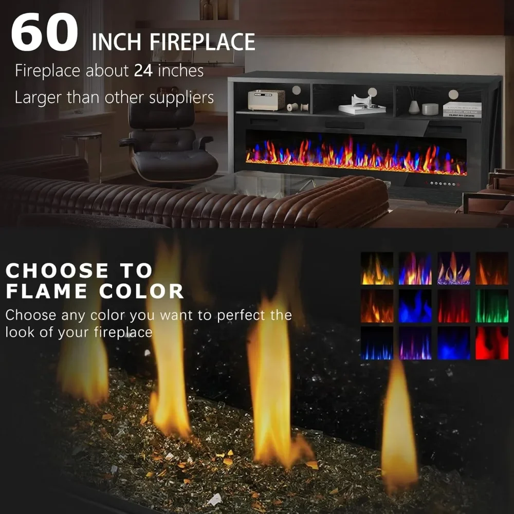 Fireplace TV Stand for TVs Up to 75" TV with 60" Electric Fireplace,Center with Open Shelve Storage,65 inch TV Stand 2