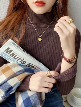 جديد الشتاء الياقة المدورة سترة تريكو المرأة أنيقة رشاقته المخملية اصطف البلوزات الدافئة بلوفر مغزول سليم القمم جيرسي البلوز 4