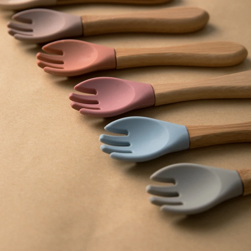 Children Food Grade Silicone Spoon Fork For Infait Wooden Handle Silicone Spoon Fork Cutlery Baby Feeding Learn To Eat Tableware